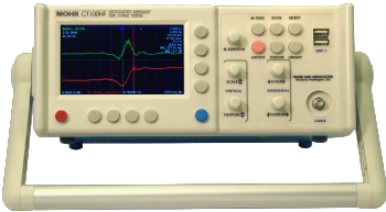 CT100HF Time-Domain Reflectometer (TDR) with 50 Ohm SMA test port.  Screen shows 50-75 Ohm SMA interconnect.