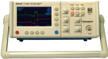 CT100HF Time-Domain Reflectometer (TDR) with 50 Ohm SMA test port. Screen shows 50-75 Ohm SMA interconnect.