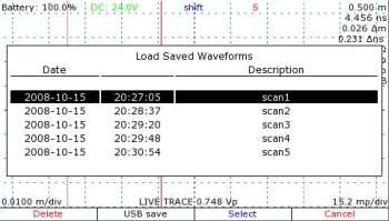 Library of saved TDR traces. Scanned traces can be compared with each other at different horizontal and vertical gain levels.
