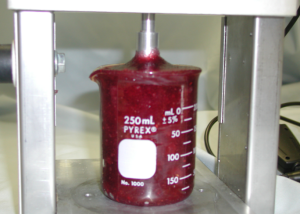 MDT rheology plunger during testing of a thixotropic material (pie filling). Test protocol involves measurement of viscosity hysteresis at multiple different shear rates.
